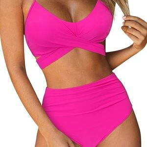 NWT RUUHEE Women Criss Cross High Waisted String Pink 2 Piece Bathing Suit